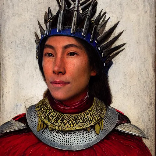 Prompt: head and shoulders portrait of a female knight, quechua!, cuirass, tonalist, symbolist, realistic, baroque, detailed, modeled lighting, f 5. 6, 2 0 0 mm, vignetting, indigo and venetian red, angular, smiling, eagle