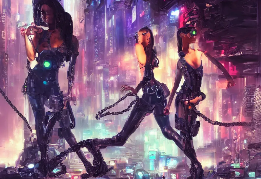 Image similar to a beautiful woman holding a crazy creature on a leash, cyberpunk style, futuristic, realism, wide shot, busy street, dramatic lighting, neon signs, digital art, 8k resolution, high detail, by Boris Vallejo