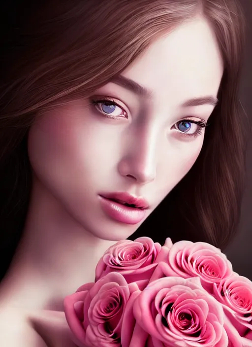 Image similar to a gorgeous female photo, professionally retouched, soft lighting, holding a bouquet of roses, realistic, smooth face, perfect eyes, wide angle, sharp focus on eyes, 8 k high definition, insanely detailed, intricate, elegant, art by artgerm and wlop