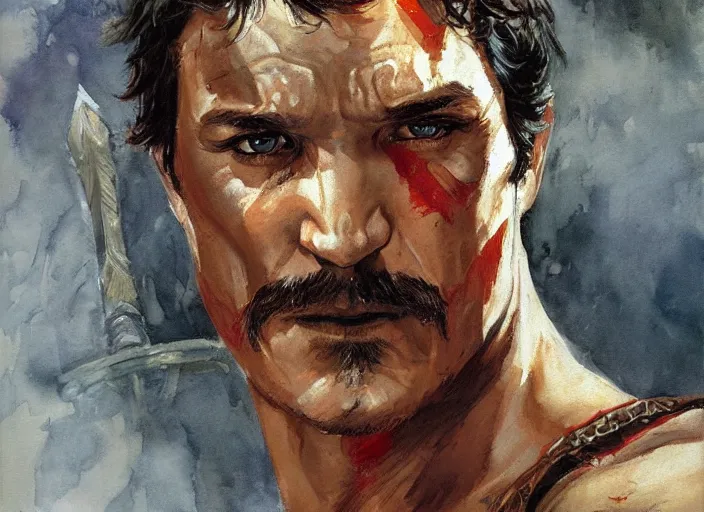 Prompt: a highly detailed beautiful portrait of pedro pascal as kratos, by gregory manchess, james gurney, james jean