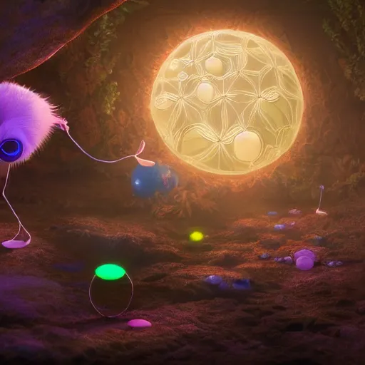 Prompt: quantum physics, expressive eyes, floating, rbc, radiolaria, protophyta, micro - organisms, center frame, symmetric, rim light, marine microbiology, bioluminescence, electric, fur, soft, concept art, intricate details, highly detailed, colorful, photorealistic, disney pixar, octane render,