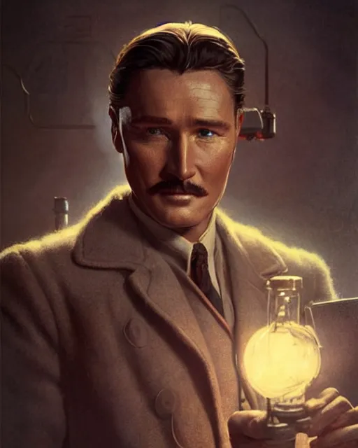 Image similar to Errol Flynn as a scientist. 1980s dystopian Soviet Russia, propaganda screens. Unreal engine, fantasy art by Greg Rutkowski. Faithfully depicted facial expression, perfect anatomy global illumination, radiant light, detailed and intricate environment