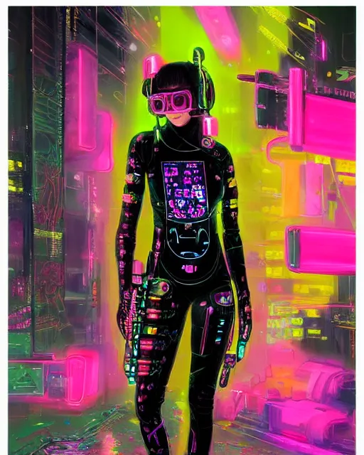 Prompt: detailed portrait Neon Operator Girl, cyberpunk futuristic neon, reflective catsuit, decorated with traditional Japanese ornaments by Ismail inceoglu dragan bibin hans thoma !dream detailed portrait Neon Operator Girl, cyberpunk futuristic neon, reflective puffy coat, decorated with traditional Japanese ornaments by Ismail inceoglu dragan bibin hans thoma greg rutkowski Alexandros Pyromallis Nekro Rene Maritte Illustrated, Perfect face, fine details, realistic shaded, fine-face, pretty face