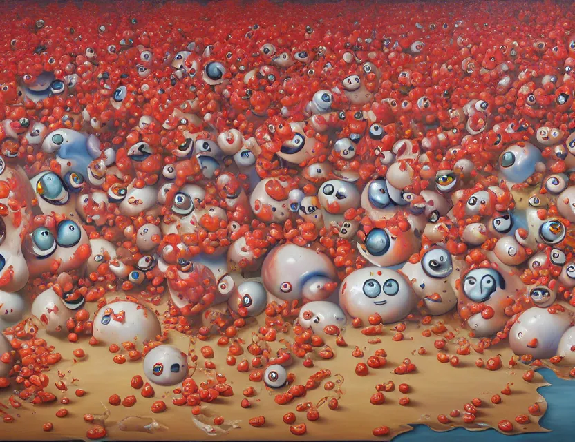 Prompt: a funny high resolution oil painting with dirty old brush of a lazy red burning and melting tomatos with to many googly eyes on a sunset beach to hot for the sun, big piles of strawberry icecream in cones falling from the sky by james jean and fernando botero