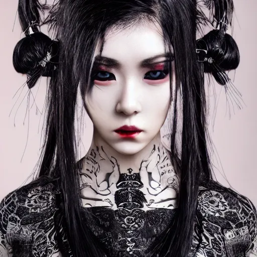 Image similar to japanese gothic model with maximalist hair style and kanji tattoos, dark colors, fashion model, portrait shot, depth of field, 8 k, hyper detailed, intricate, trending on artstation