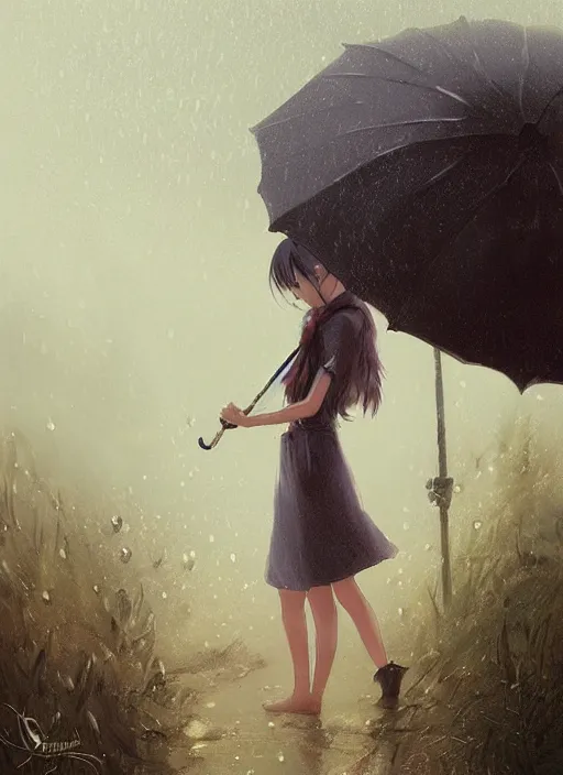 Prompt: dokkaebi in a sundress in the rain with an umbrella by greg rutkowski