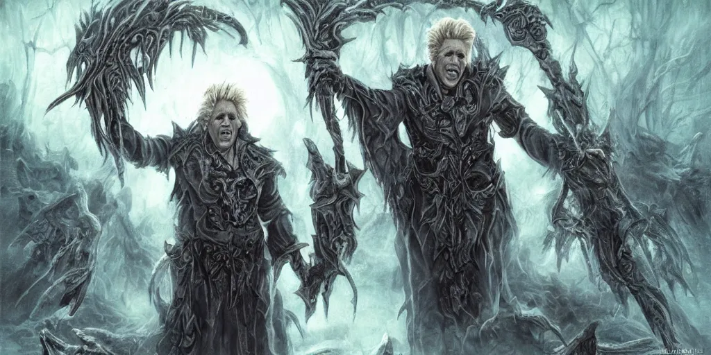 Image similar to Gary Busey as a powerful necromancer, fantasy art, extremely detailed, high quality,