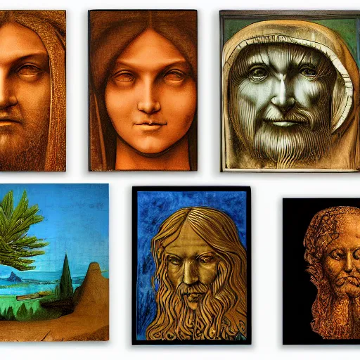 Image similar to photo gallerydock portraits of leonardo da vinci and the washing machine, dark psychedelic courtyard, poster art luminus rapids spice pine tree, by joe jusko and