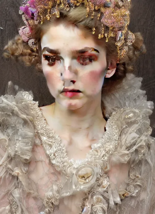 Prompt: high intricate porcelain baroque stunning woman, lace collar, string of pearls, bird feathers, 8 k, glitter skin very white hyperrealistic hyperdetailed pastel maria panfilova, andrea savchenko, sensual mike kime, ludovic plouffe, qi sheng luo, oliver cook, by alphonse mucha, trending on artstation