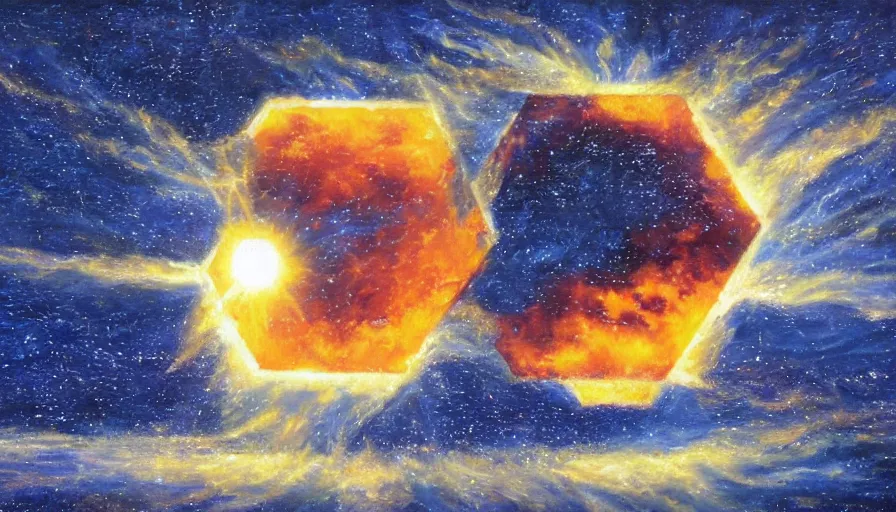 Image similar to the sun being blocked by a hexagon in space, planet earth in the foreground, oil painting