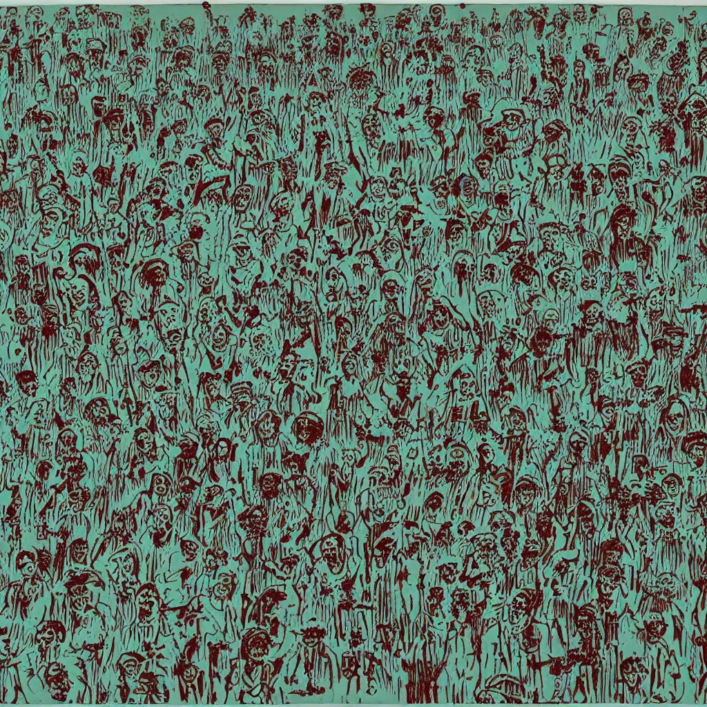 Image similar to risograph of zombies in a field, minimalist,