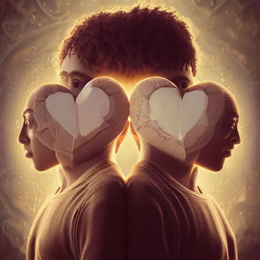 Image similar to abbstract surreal perfectly centered symmetrical split male and female portrait of man and woman in love sharing one heart ; 3 d render by lilia alvarado, photorealistic, highly detailed ; octane ; unreal engine ; trending on artstation