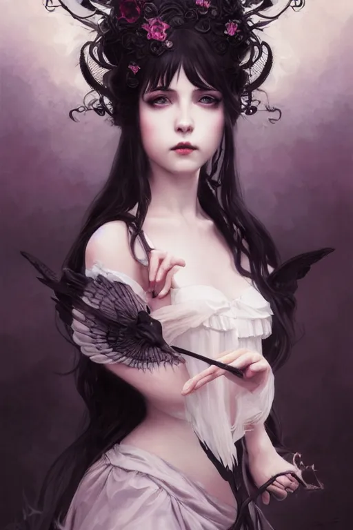 Image similar to portrait of radical lolita girl, dreamy and ethereal, dark eyes, peaceful expression, ornate goth dress, dark fantasy, chaotic, elegant, black crows flying, highly detailed, digital painting, artstation, concept art, smooth, sharp focus, illustration, art by artgerm and greg rutkowski and alphonse mucha