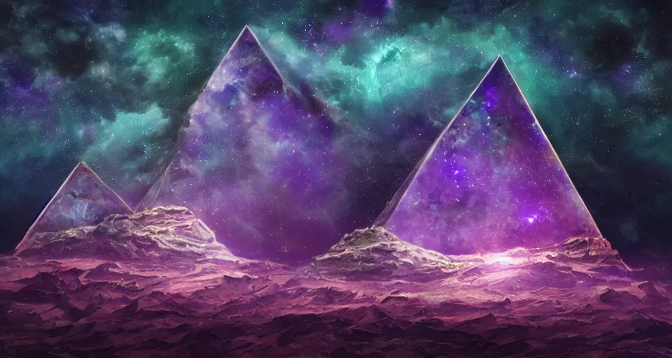 Image similar to black lovecraftian eldritch!! obsidian pyramid!! with a man standing on top of it on calm seas, cosmic purple space!, bright stars, nebula, sky background by eugene von guerard, ivan shishkin, night, cosmic brightly purple space stars, concept art, trending on artstation, 8 k