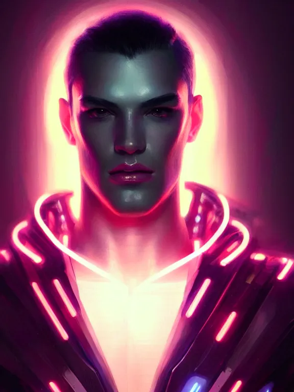 Image similar to portrait of male humanoid, intricate, elegant, cyber neon lights, highly detailed, digital photography, artstation, glamor pose, concept art, smooth, sharp focus, illustration, art by artgerm and greg rutkowski