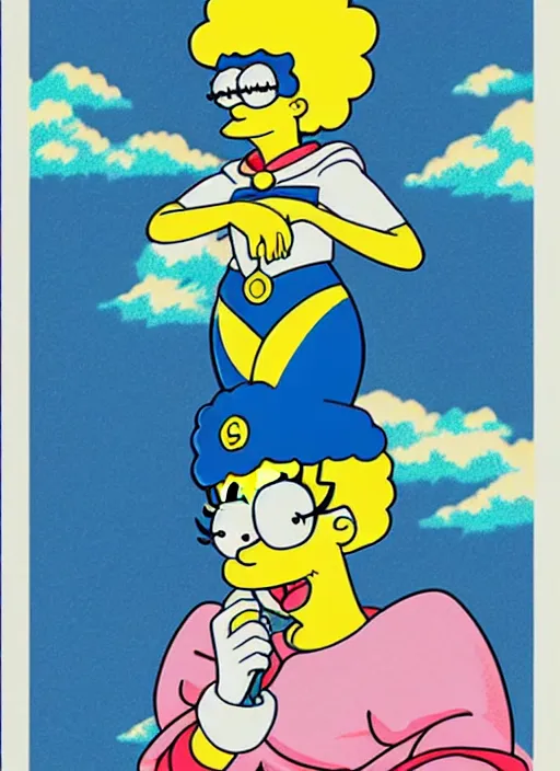 Prompt: perfectly centered realistic picture of marge simpson as a sailor moon, calls on the phone at futuristic office, highly detailed, 8 0 - s style poster, sharp focus, illustration, art by kawase hasui,