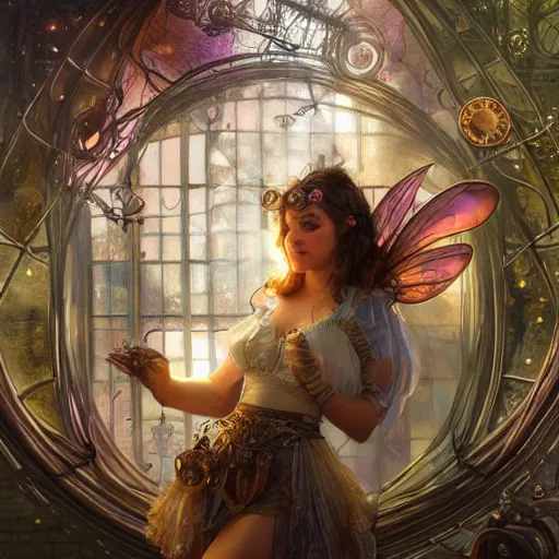 Prompt: ultra realistic illustration of steampunk magical fairy, industrial, factory, magic spells, glass surface, special effects, lenses, colorful lights, intricate, elegant, highly detailed, digital painting, artstation, concept art, smooth, sharp focus, illustration, art by artgerm and greg rutkowski and alphonse mucha