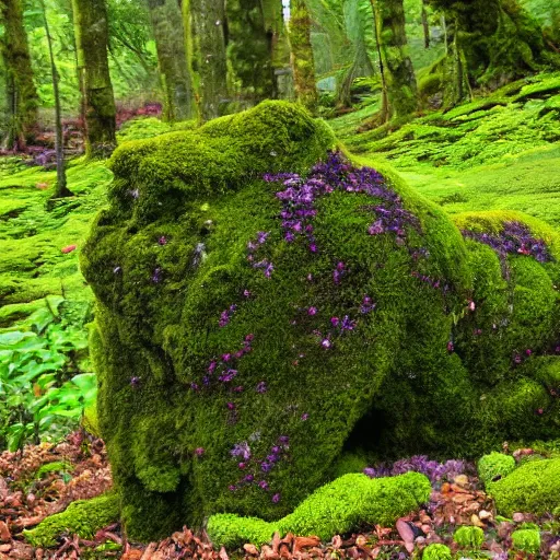 Prompt: a sculpture made of moss and flowers