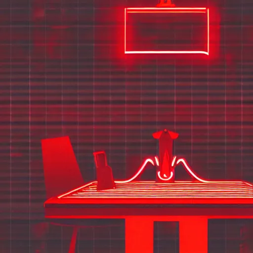 Image similar to A cyberpunk red neon prostetic on an iron table, sci-fi art, digital art