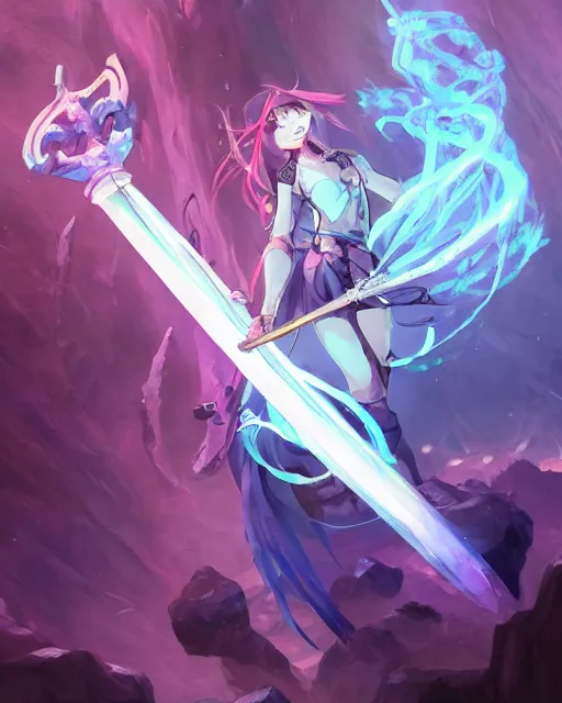 Image similar to a female warrior holding one single blue glowing sword walking in a cake full of purple glowing crystals. Atmospheric lighting, adventurous, elven. By Makoto Shinkai, Stanley Artgerm Lau, WLOP, Rossdraws, James Jean, Andrei Riabovitchev, Marc Simonetti, krenz cushart, Sakimichan, trending on ArtStation, digital art.