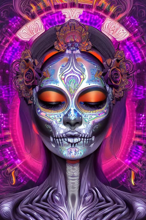 Image similar to ultra detailed female android deity, eyes closed, 8 k, flowerpunk, psychedelic vector art!!!, digital painting, sci - fi, fantasy, ( dia de los muertos ), asymmetrical,!! concept art, art by artgerm and giger and michael welan and alphonse mucha and loish and wlop