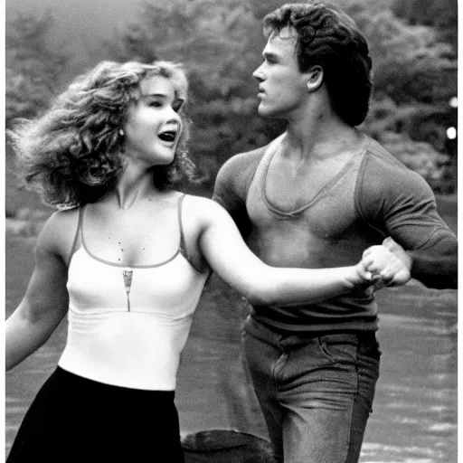 Image similar to dirty dancing poster with closeup portrait of young arnold schwarzenegger dancing with jennifer lawrence in the rain, 5 0 mm cinema shot, beautiful light, best lense, 9 0 s romantic movie, 4 k