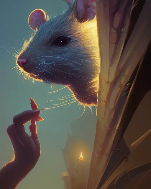 Image similar to highly detailed vfx portrait of a rat, unreal engine, greg rutkowski, loish, rhads, beeple, makoto shinkai and lois van baarle, ilya kuvshinov, rossdraws, tom bagshaw, alphonse mucha, global illumination, detailed and intricate environment