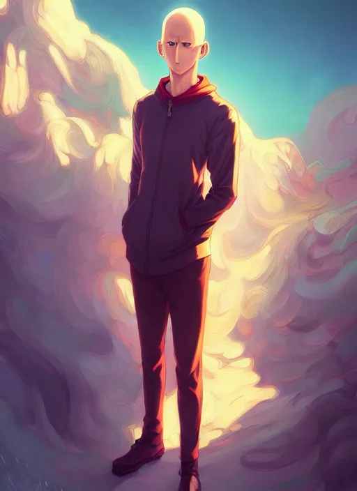 Image similar to handsome saitama, half body shot, path traced, cape, highly detailed, high quality, digital painting, alena aenami, lilia alvarado, shinji aramaki, karol bak, alphonse mucha, tom bagshaw