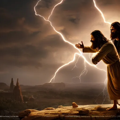 Image similar to jesus and god playing with the world, national geographic award, photography, hyperrealistic, extremely detailed, 8 k, octane render, cinematic lightning, dramatic,