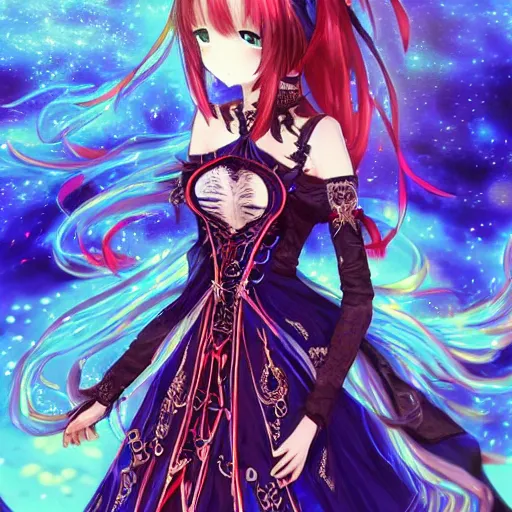 Image similar to a teenage anime girl wearing a very high intricate detailed dress made out of blue fire , full body, very long black/red hair, one yellow and one blue eye, intense stare, cinematic lighting, medium shot, MCU, trending on artstation, CSP, Photoshop, WLOP, Rossdraws, James Jean, Andrei Riabovitchev, Marc Simonetti, Anastasia Ovchinnikova, Véronique Meignaud, BEN MAIER and Sakimichan