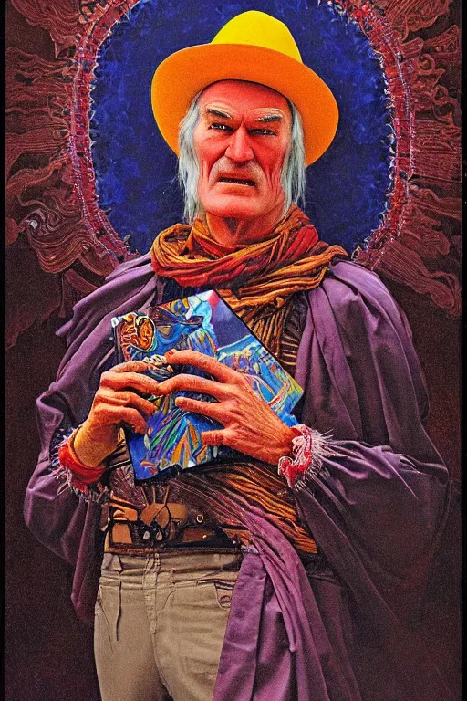 Prompt: an incredible and hilarious jean giraud portrait of timothy leary in the style of a renaissance masters portrait, mystical and new age symbolism, tibetan book of the dead