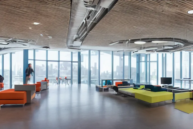 Image similar to professional quality photography of a beautiful tech company headquarters designed by gensler