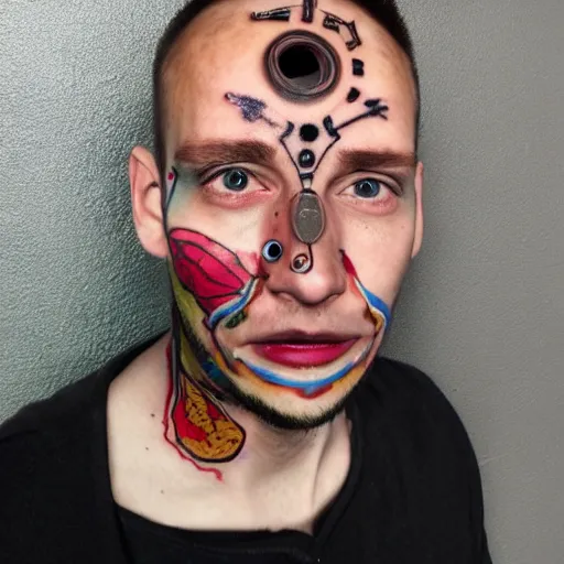 Image similar to portrait photo of man with a face tattoo of a 3 dimensional hole in the skin with multicolored tubes and robotic mechanics inside under the skin, insanely integrate,