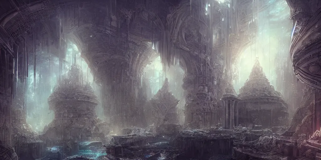 Prompt: underwater city, by role thomas style and giovanni paolo panini style epic, volumetric, symmetrical, insanely detailed, style of charlie bowater, kelly mckernan, unreal engine render, artstation trends, hyper detail, epic art style, cinematic, concept art