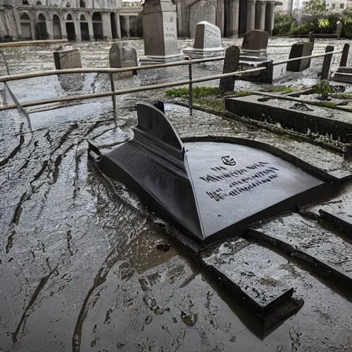 Prompt: The kinetic sculpture shows a grave that has been flooded with water. The grave is located in a cemetery in Italy. The water in the grave is dirty and there is trash floating in it. The grave is surrounded by a fence. cyberpunk by Zaha Hadid, by Tibor Nagy balmy