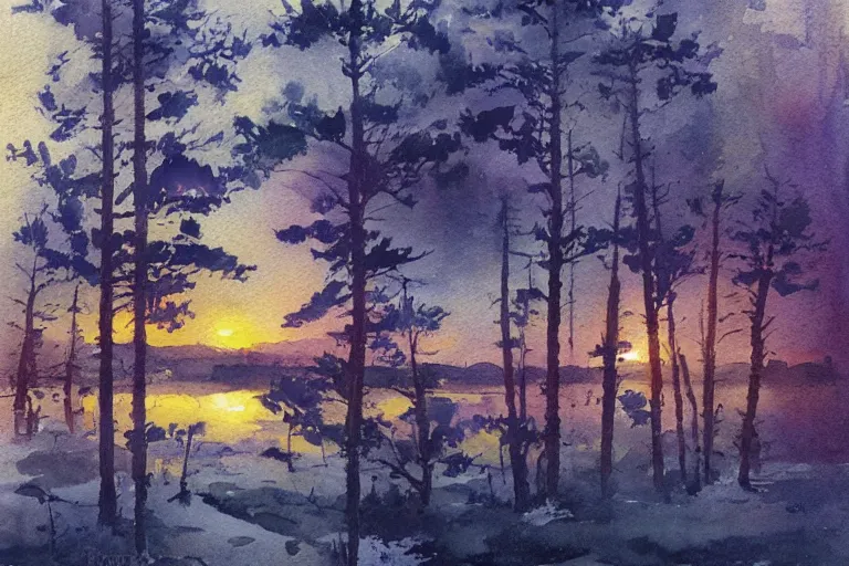 Image similar to small centered on watercolor paper, paint brush strokes, abstract watercolor painting of golden night at mini lake, heavy pine forest, cinematic light, american romanticism by hans dahl, by jesper ejsing, by anders zorn, by greg rutkowski, by greg manchess, by tyler edlin