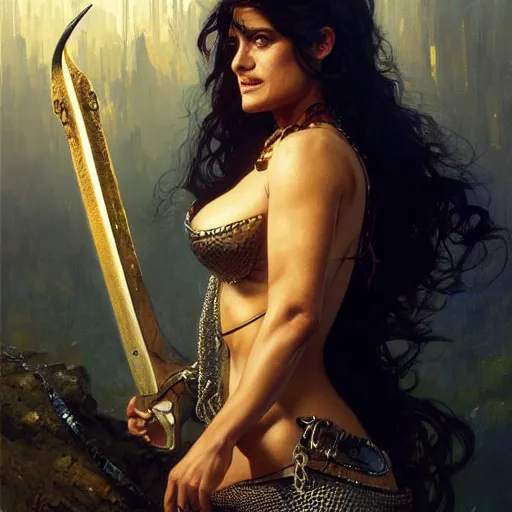 Image similar to A portrait of Salma Hayek wearing a chainmail bikini and holding a sword ,by Stanley Artgerm Lau, Greg Rutkowski, Thomas Kinade ,Alphonse Mucha, Loish, Norman Rockwell ,trending on artstation , rule of thirds, golden ratio ,HD 4k