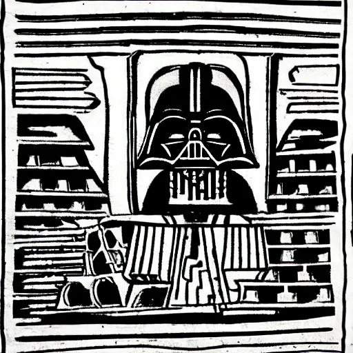 Prompt: ancient aztec art of darth vader inspecting the death star