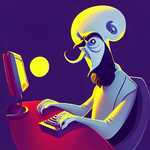 Image similar to curled perspective digital art of curly grey hair bearded man with big nose using a computer by anton fadeev from nightmare before christmas