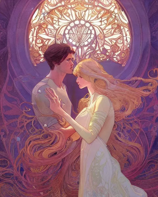 Prompt: secret romance, highly detailed, very intricate, art nouveau, gold filigree, romantic storybook fantasy, soft cinematic lighting, award - winning, disney concept art watercolor illustration by mandy jurgens and alphonse mucha and alena aenami, pastel color palette, featured on artstation