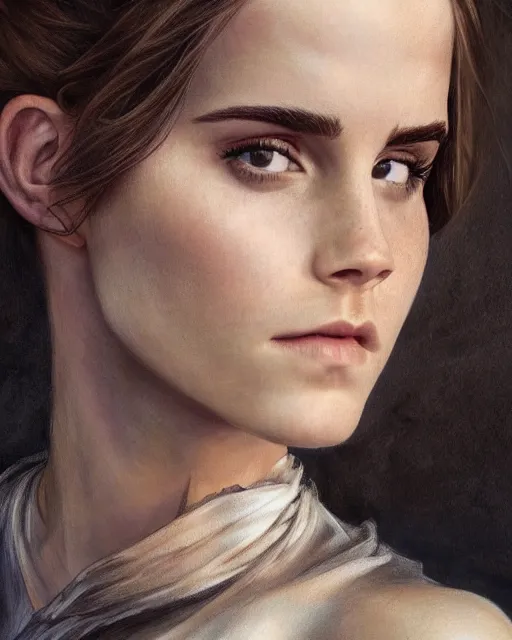 Image similar to clear portrait of emma watson, somber appearance, ripped clothing, looking her shoulder, wearing the ring of sauron, background hyper detailed, character concept, full body, dynamic pose, intricate, elegant, highly detailed, digital painting, artstation, concept art, smooth, sharp focus, illustration, art by artgerm and greg rutkowski and alphonse mucha