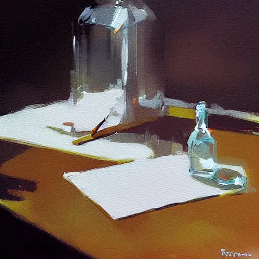 Prompt: crystal on a desk, painting, by greg rutkowski