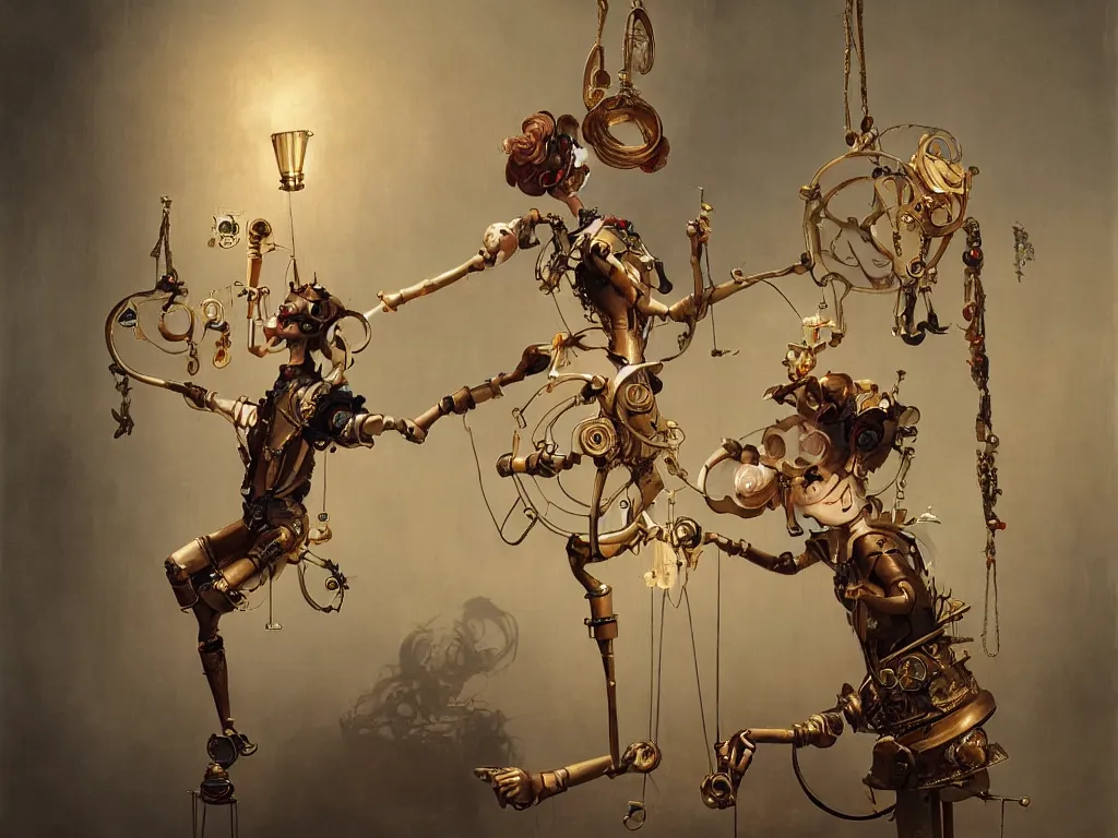 Image similar to a clockwork marionette made of fabric and gold by peter mohrbacher, photorealistic, puppet, strings, 8 k