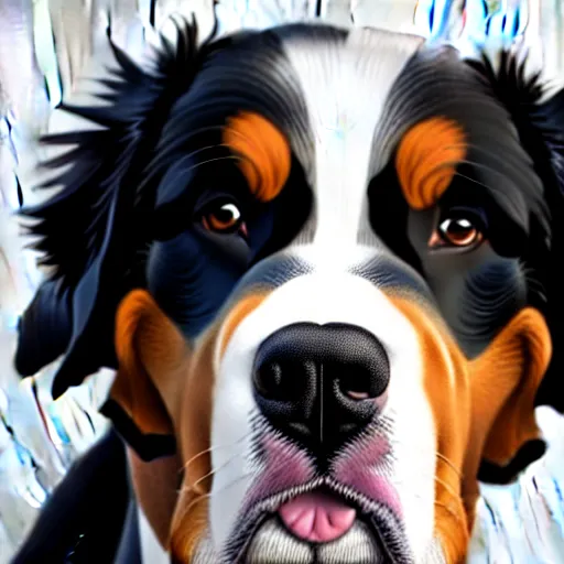 Image similar to portrait of a cute bernese dog, art by elke vogelsang, 8 k ultra realistic, trending on artstation, 4 k, hyperrealistic, focused, extreme details, unreal engine 5, cinematic, masterpiece