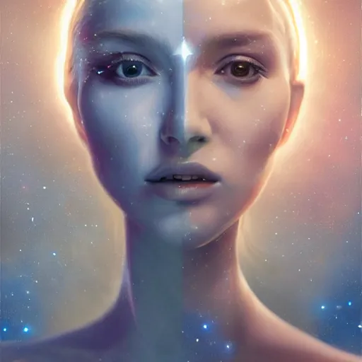 Prompt: sci - fi, 3 d, stars, blonde fashion model face, cinematic, clouds, moon rays, vogue cover style, poster art, blue mood, realistic painting, intricate oil painting, high detail illustration, figurative art, multiple exposure, water, 3 d, by tooth wu and wlop and beeple and greg rutkowski