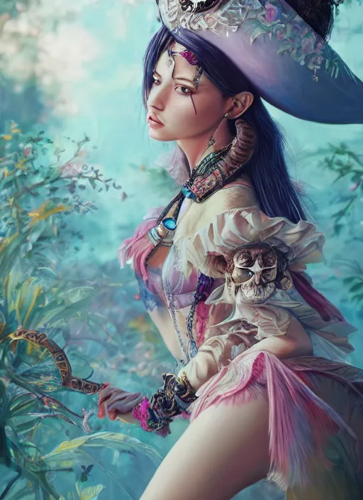 Image similar to detailed realistic full body colorful pastel painting of a pirate female in intricate clothing, beautiful face, elegant pose, fantasy, illustration, insanely detailed and intricate, octane render, 4k