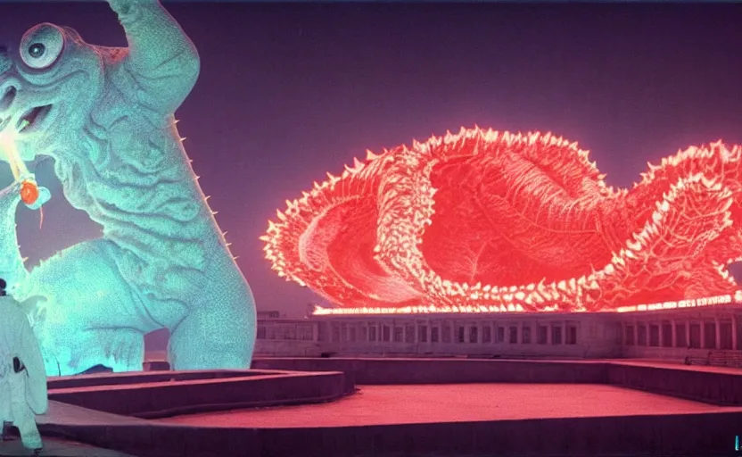 Image similar to light coming out of one starfish - like kaiju anthropomorphic monster, korean film noir by kim jong - il, korean traditional palace, pyongyang city, 1 9 6 0 s, red color bleed, 4 k, video compression, video glitch, monochrome, akira kurosawa, mamoru oshii, wes anderson, stanley kubrick