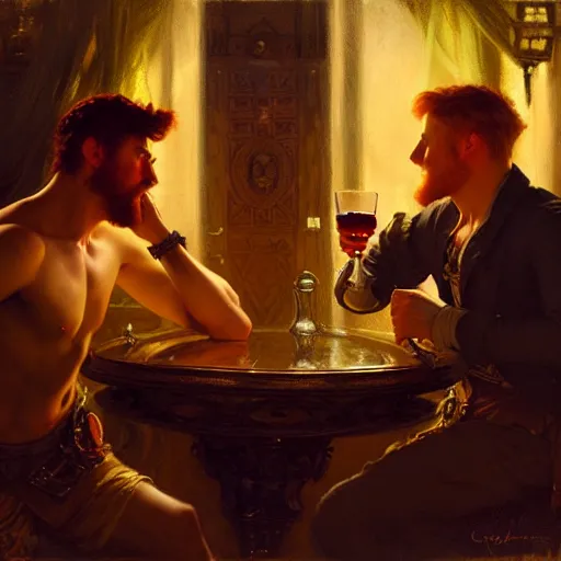 Image similar to attractive male mike and attractive male tyler, one is ginger and the other brunet, drinking their hearts out, in their noble mansion, at night. highly detailed painting by gaston bussiere, craig mullins, j. c. leyendecker 8 k