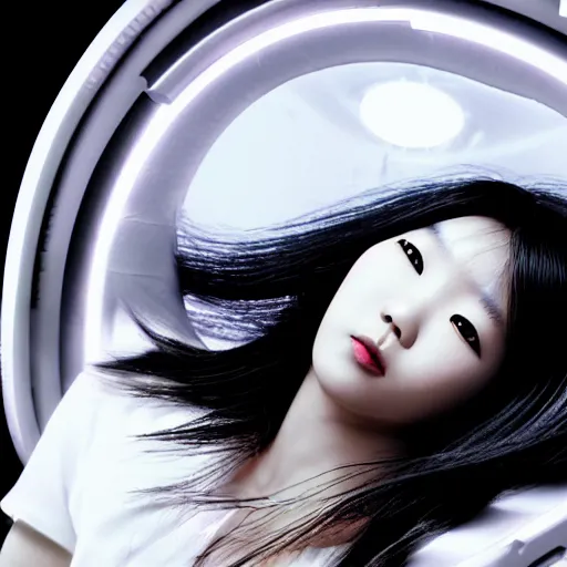 Image similar to a korean woman with long black hair and grey / black futuristic metallic clothing floating in zero - gravity in a spaceship with a white and blue futuristic interior. orange lighting, kodak film grain, expired film