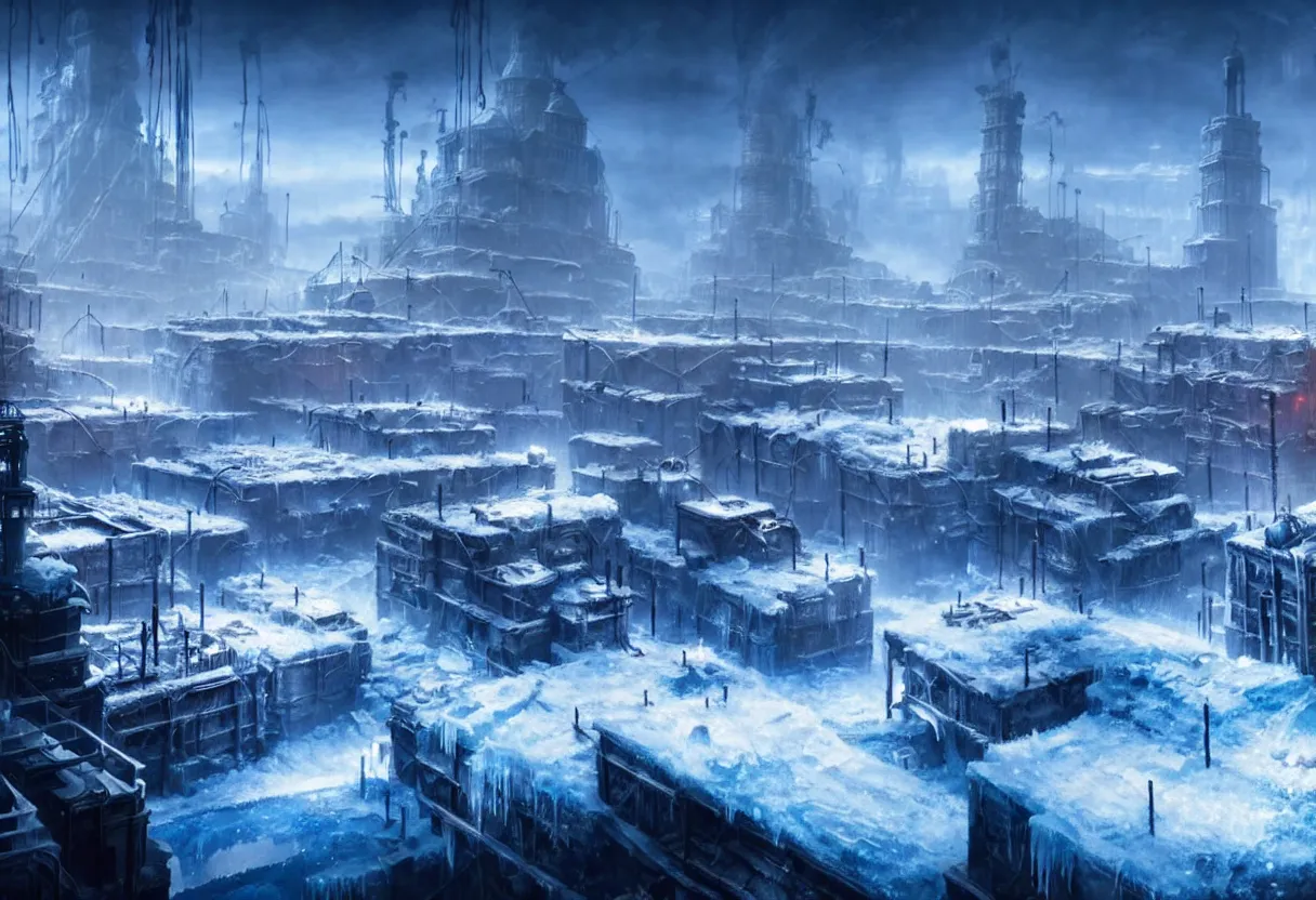 Prompt: frostpunk style concept art of frozen city with industrial machines, matte painting, beautiful render, octane render, concept art